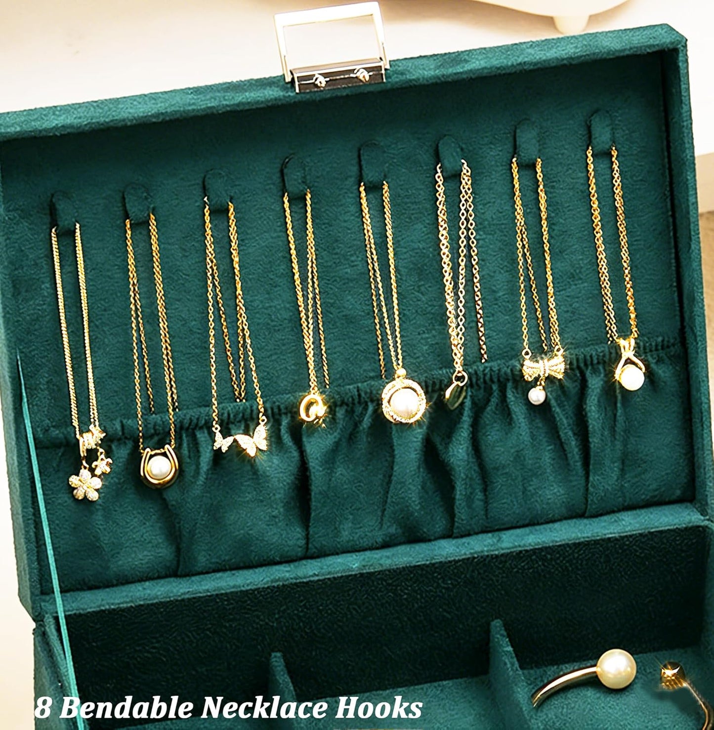 Jewelry Box for Women with Drawer, 3-Layer Large Jewelry Organizer with Lock & Key, 8 Necklace Hooks & 56 Earring Holes, Green Velvet Jewelry Storage Box for Necklaces Earrings Rings Bracelets