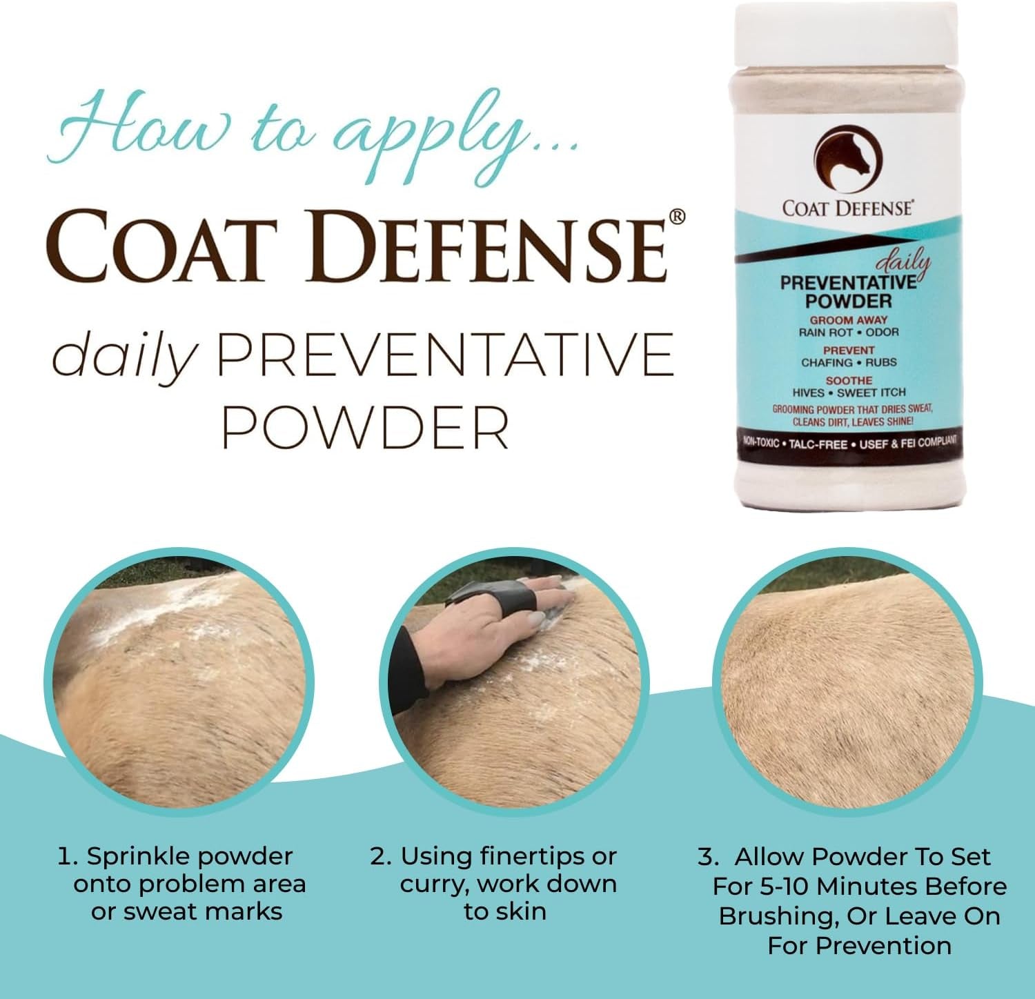 COAT DEFENSE Daily Grooming Powder for Horses | Dry Shampoo with Natural Ingredients | 64 Oz Formula for Fresh, Healthy-Looking Coat