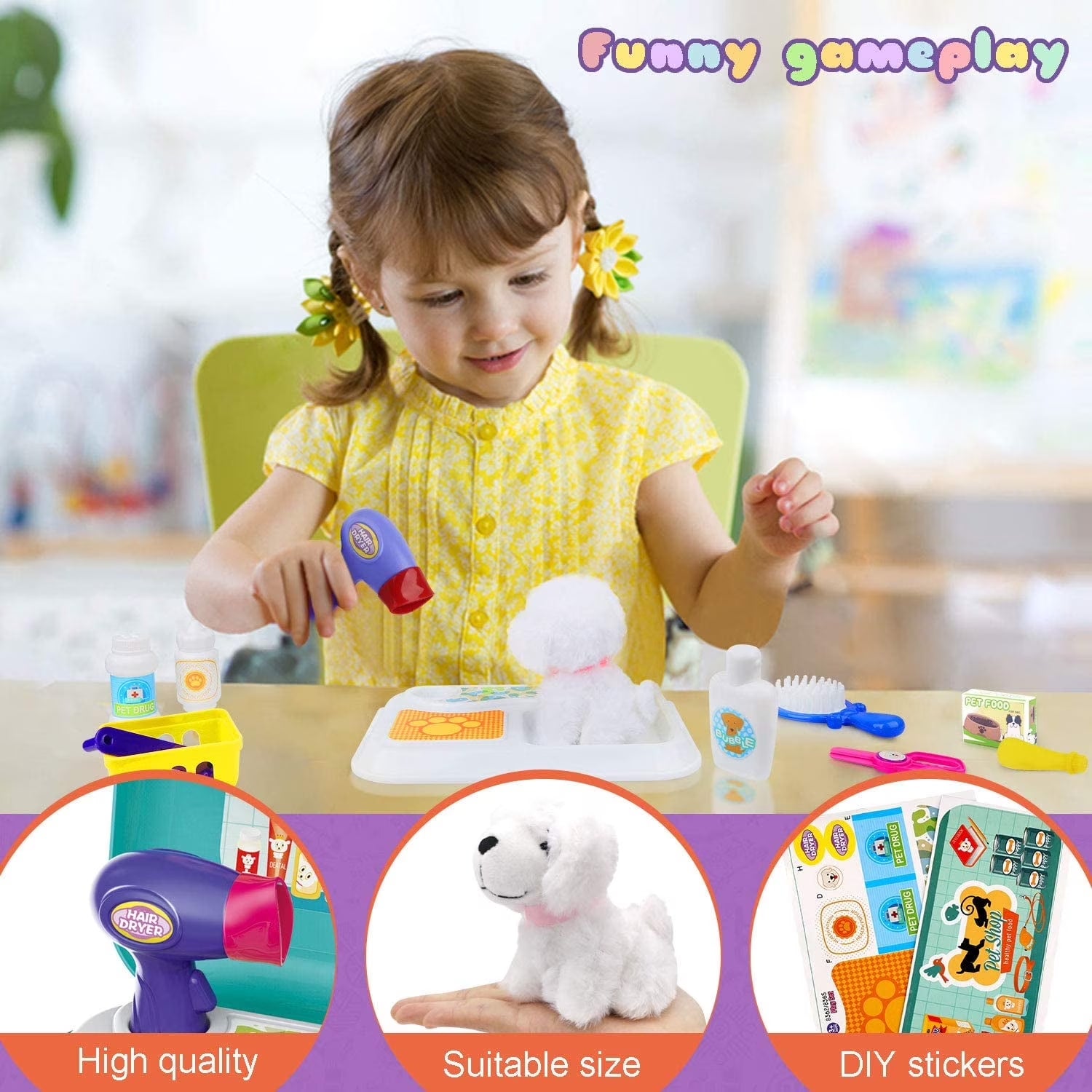GLUAAE Toys for Kids Dog Grooming Doctor Kit Toys, Pet Care Play Set Pretend Puppy Dog Carrier, Pet Grooming Toy with Sturdy Gift Case for Toddler Boys and Girls