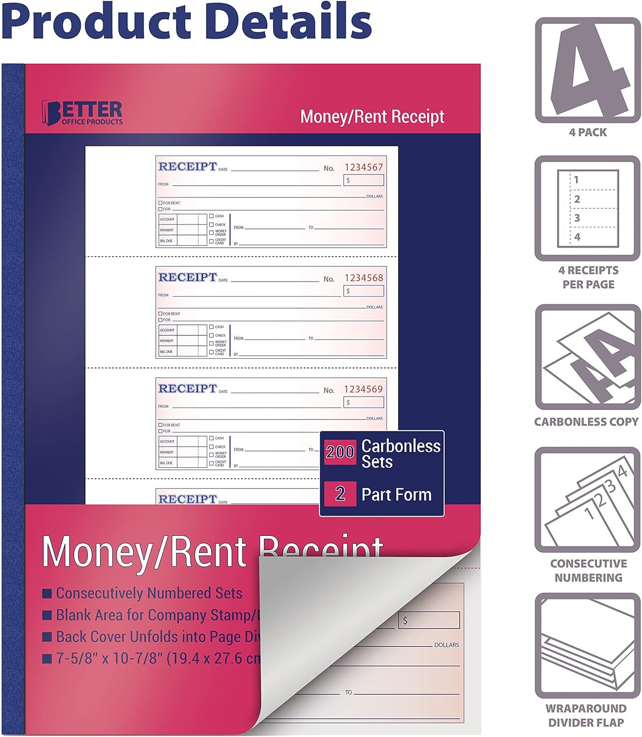 Better Office Products Cash Money and Rent Receipt Books, 4 Pack, Large Size, 2-Part Carbonless (White/Canary Yellow), 7-5/8 X 10-7/8 Inches, 4 Sets per Page, 200 Sets per Book (800 Total Sets)