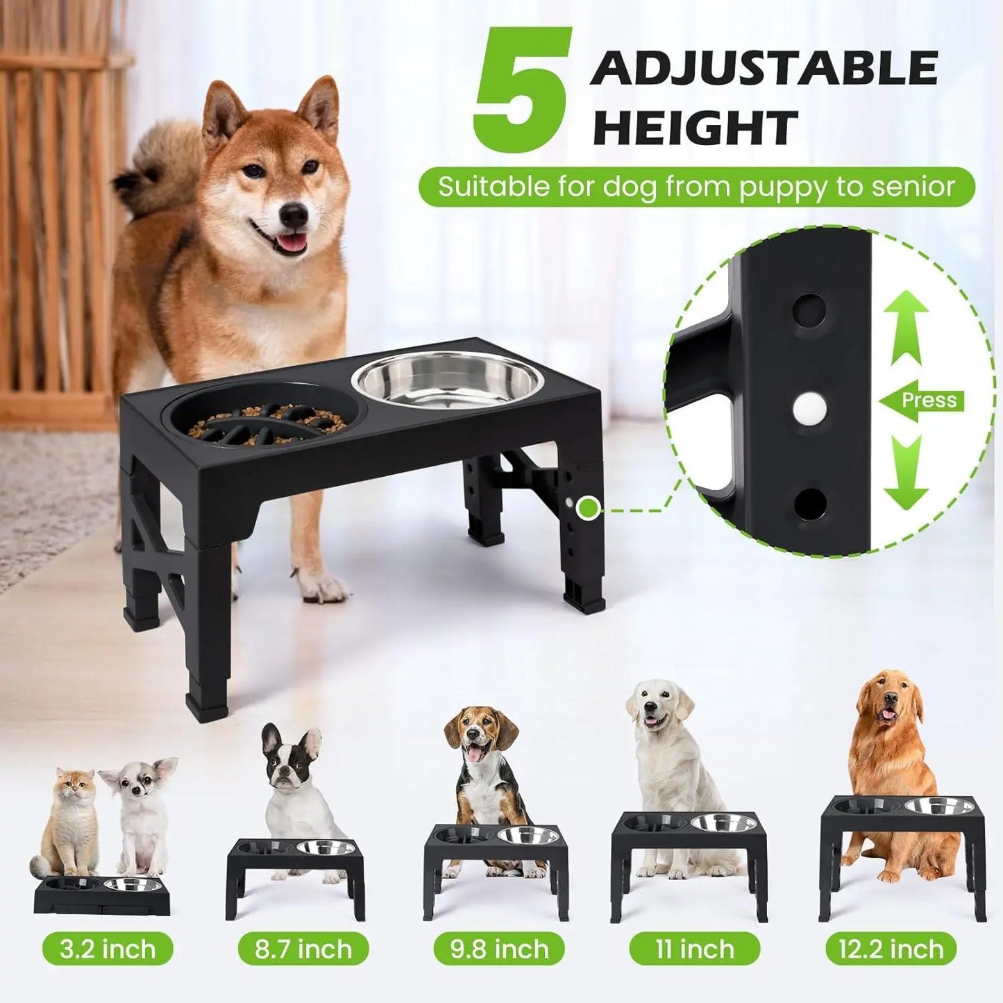 Niubya Elevated Dog Bowls, 5 Adjustable Heights Raised Dog Bowl Stand, with 2 Stainless Steel Dog Food Bowls and 1 Slow Feeder Dog Bowl, Adjusts to Height 3.2" to 12.2" for Small Medium Large Dogs NIUHEE