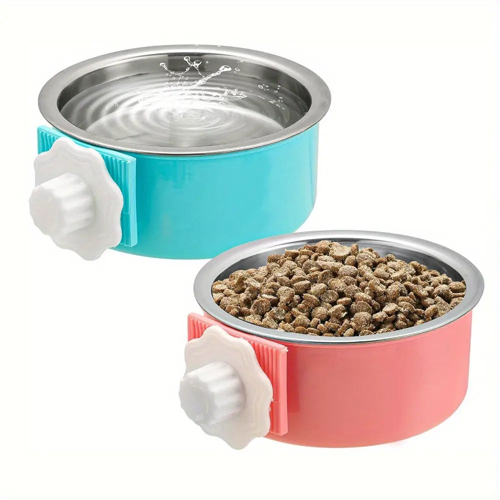 2 Pieces Removable Stainless Steel Crate Dog Bowl for Pet Kennel Hanging Food Water Feeder Bowl Cage Coop Cup in Blue & Pink for Puppy Medium Dog Cat Rabbit Ferret Bird