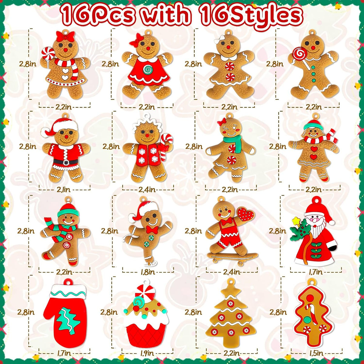 16Pcs Gingerbread Man Ornaments for Christmas Tree, Cute Gingerbread Chritmas Decorations for Xmas Tree Hanging Decor DIY Craft Party Supplies