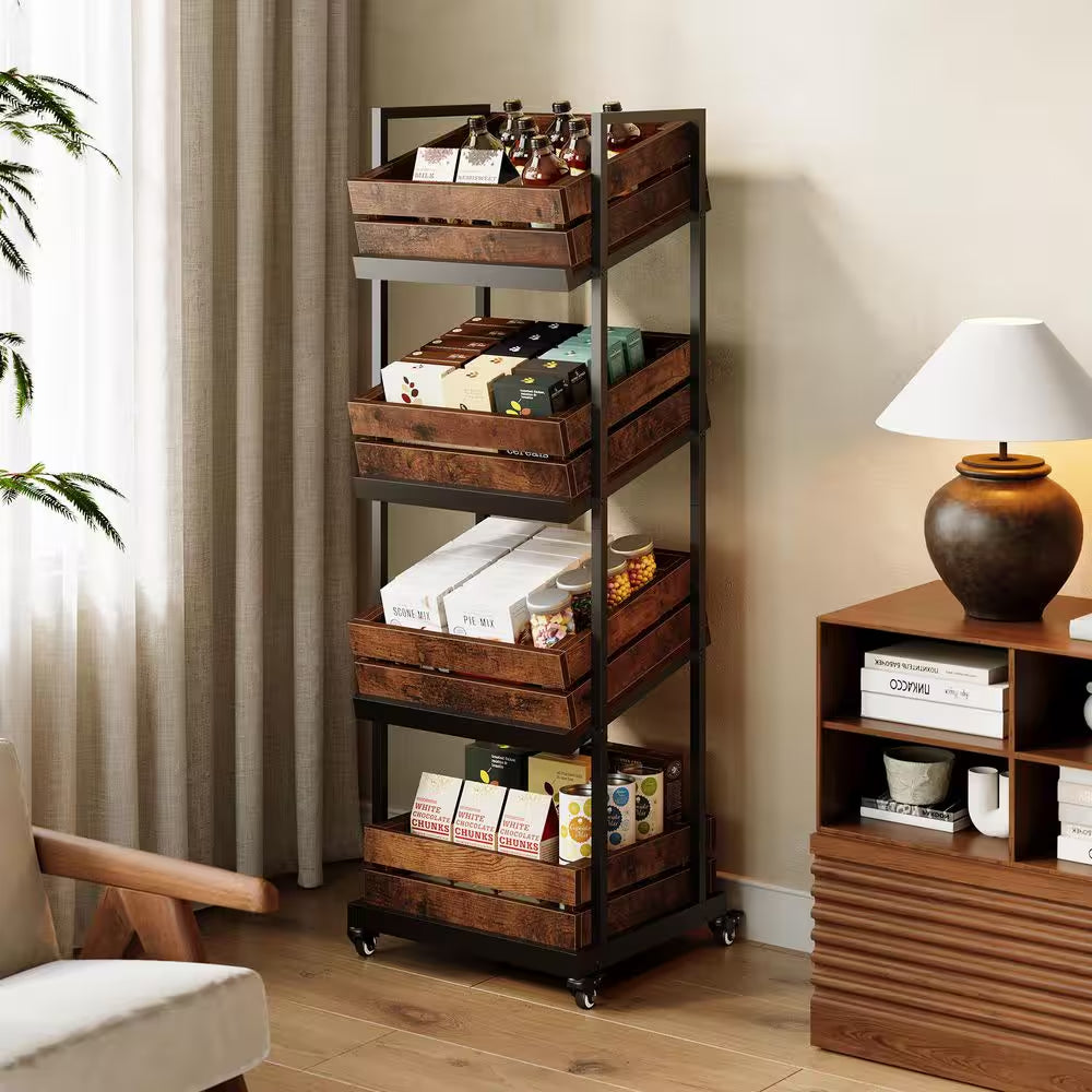 59 In. H Brown Wood 4-Tier Kitchen Cart Mobile Fruit and Vegetable Storage Utility Shelf Organizer Rack with Wheels