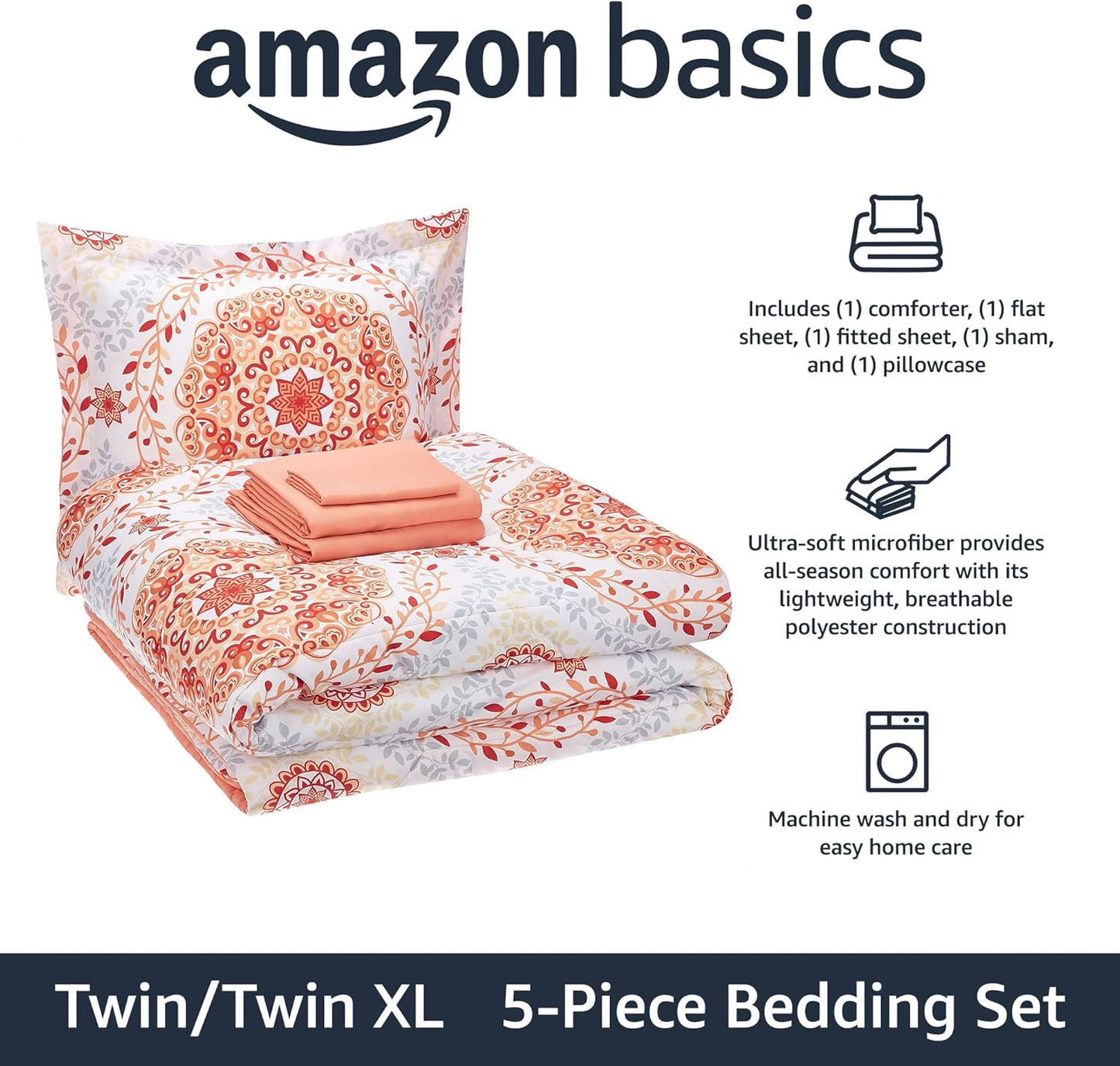 Amazon Basics Twin/Twin XL Lightweight Microfiber Comforter Bedding Set with Printed Sheets, 5-Piece Bed-In-A-Bag, Coral Medallion