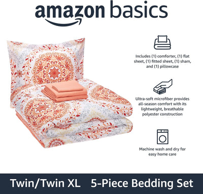 Amazon Basics Twin/Twin XL Lightweight Microfiber Comforter Bedding Set with Printed Sheets, 5-Piece Bed-In-A-Bag, Coral Medallion