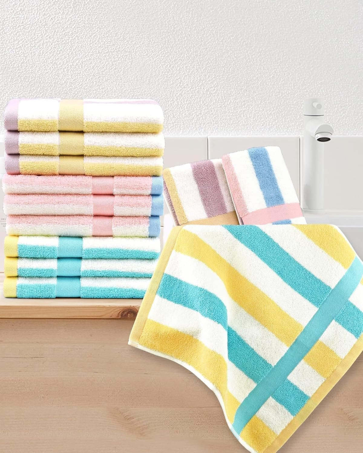 Jacquotha Cotton 12 Pack Striped Washcloths, 13 X 13 Inches, 3 Colors - Face and Body Cleansing Towels