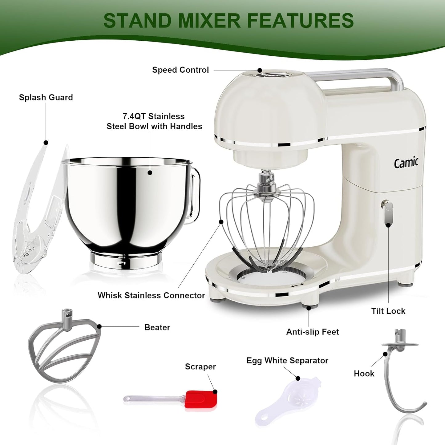 Camic Electric Stand Mixer,7.45 QT,10 Speeds with Dough Hook,Whisk, Flat Beater Attachments, Splash Guard, Easy-Carry Top Handle,3-In-1 Kitchen Mixer for Baking Cakes Cookie Bread Salad (White)