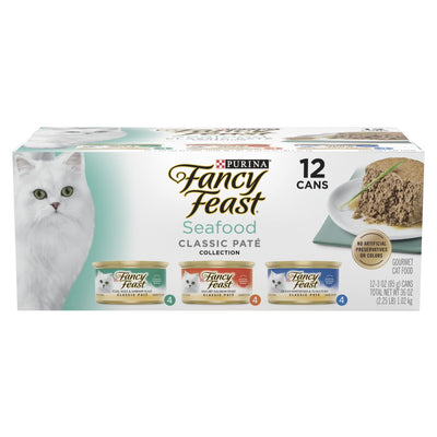 (2 Pack) Purina Fancy Feast Seafood Classic Pate Collection Grain Free Wet Cat Food Pate Variety Pack, 3 Oz Cans (12 Pack)