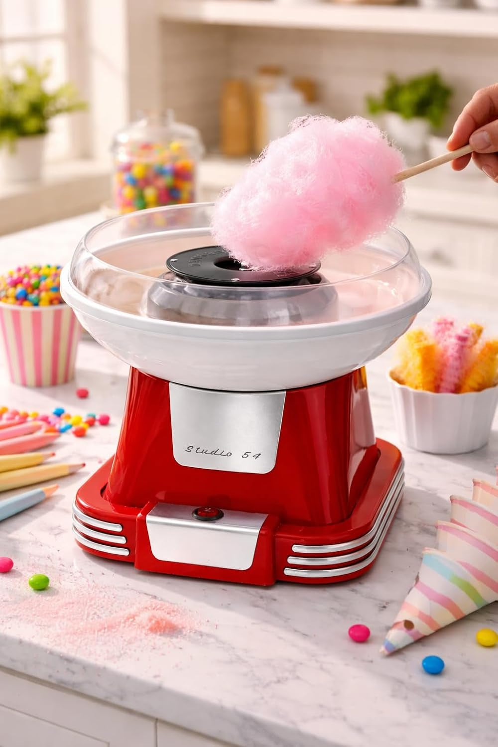 Retro Cotton Candy Machine with Spoon – Cotton Candy Maker for Home, Easy-Use Cotton Candy Machine for Kids, Durable Vintage Design, BPA & Lead-Free, Metallic Red