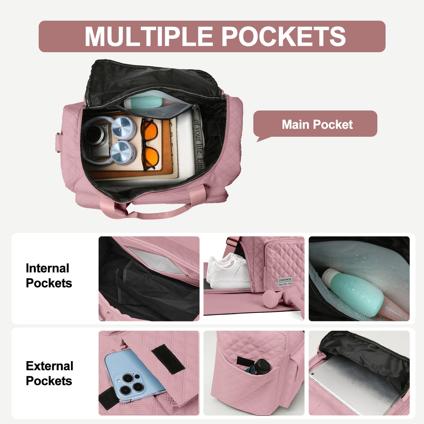 DAKIMOE Travel Duffle Bag for Women Men, Weekender Bags Carry on Gym Bag with Wet Pocket/Adjustable Strap/Shoe Compartment, Foldable Waterproof Overnight Tote Bag for Plane Sports Dance, Pink