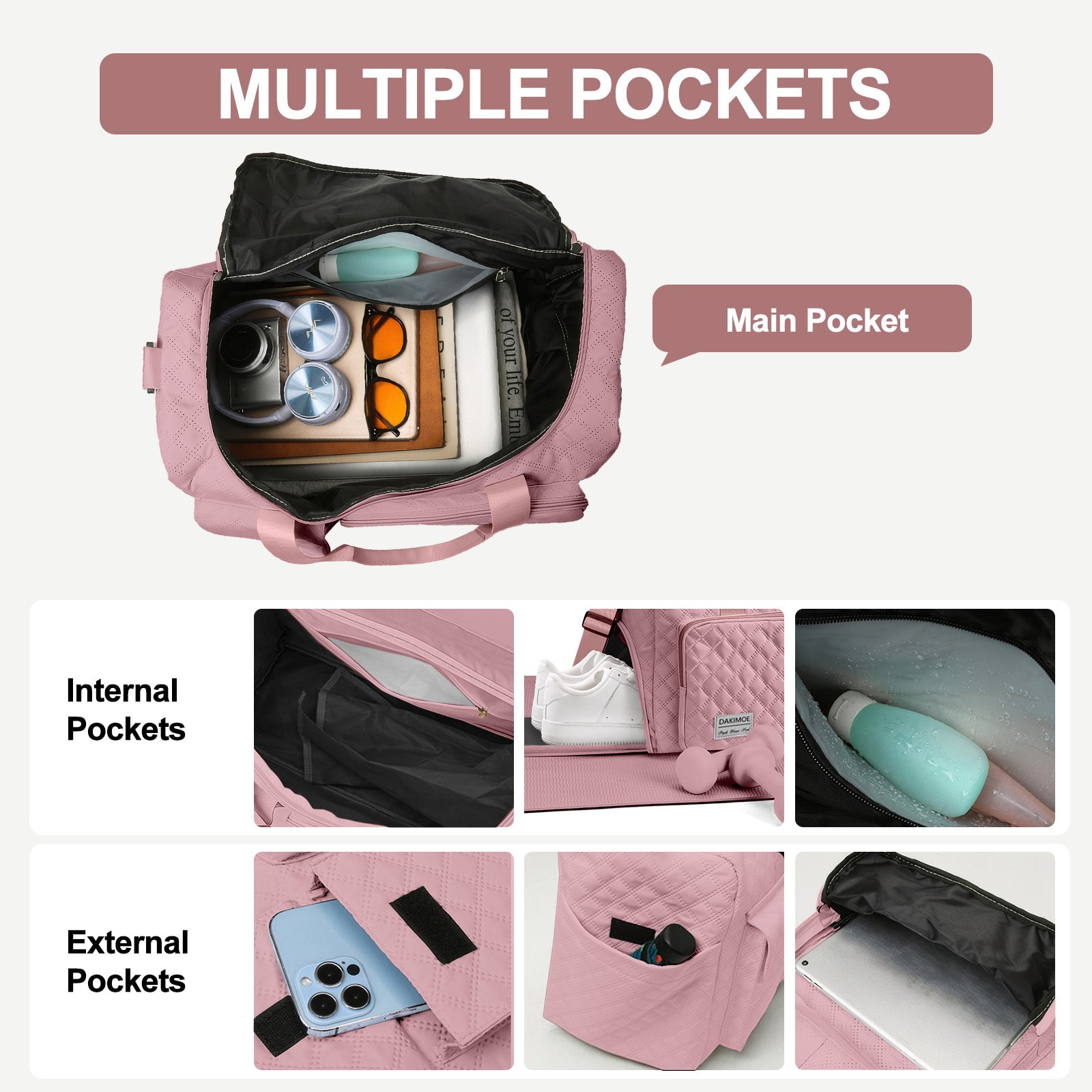 DAKIMOE Travel Duffle Bag for Women Men, Weekender Bags Carry on Gym Bag with Wet Pocket/Adjustable Strap/Shoe Compartment, Foldable Waterproof Overnight Tote Bag for Plane Sports Dance, Pink