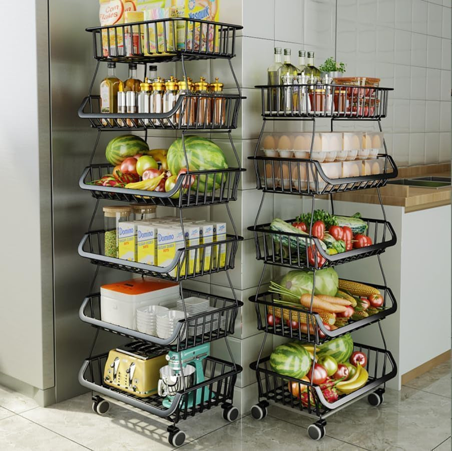 Carolyndesign Kitchen Storage Baskets Black Iron Wire Storage Bins with Wheels and Feet, Stackable Vegetable Storage Baskets (6-Tier Baskets)