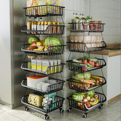 Carolyndesign Kitchen Storage Baskets Black Iron Wire Storage Bins with Wheels and Feet, Stackable Vegetable Storage Baskets (6-Tier Baskets)