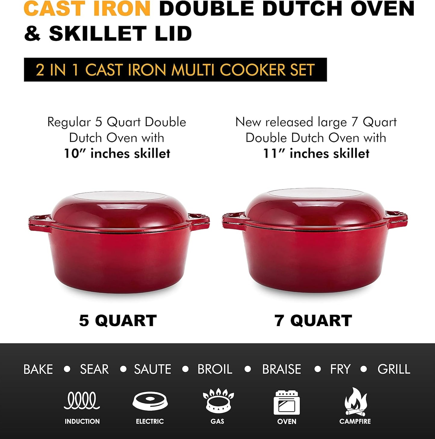 Bruntmor 7 Quart Dutch Oven Pot with Lid - 2-In-1 Oval Cast Iron Enamel Cookware with Skillet Top - Enameled Dutch Oven for Bread, Baking, Stews, Roasting - Heat Resistant up to 500°F - Red Finish