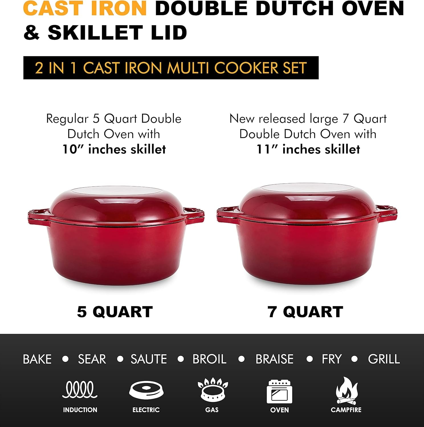 Bruntmor 7 Quart Dutch Oven Pot with Lid - 2-In-1 Oval Cast Iron Enamel Cookware with Skillet Top - Enameled Dutch Oven for Bread, Baking, Stews, Roasting - Heat Resistant up to 500°F - Red Finish
