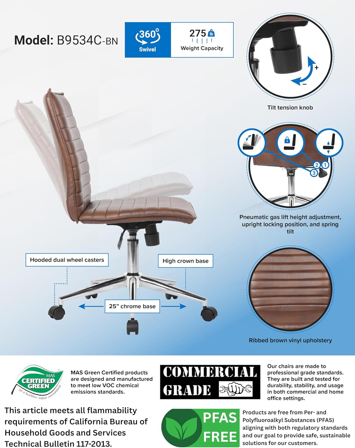 Boss Office Products Modern Vinyl Armless Hospitality Office Chair, Brown
