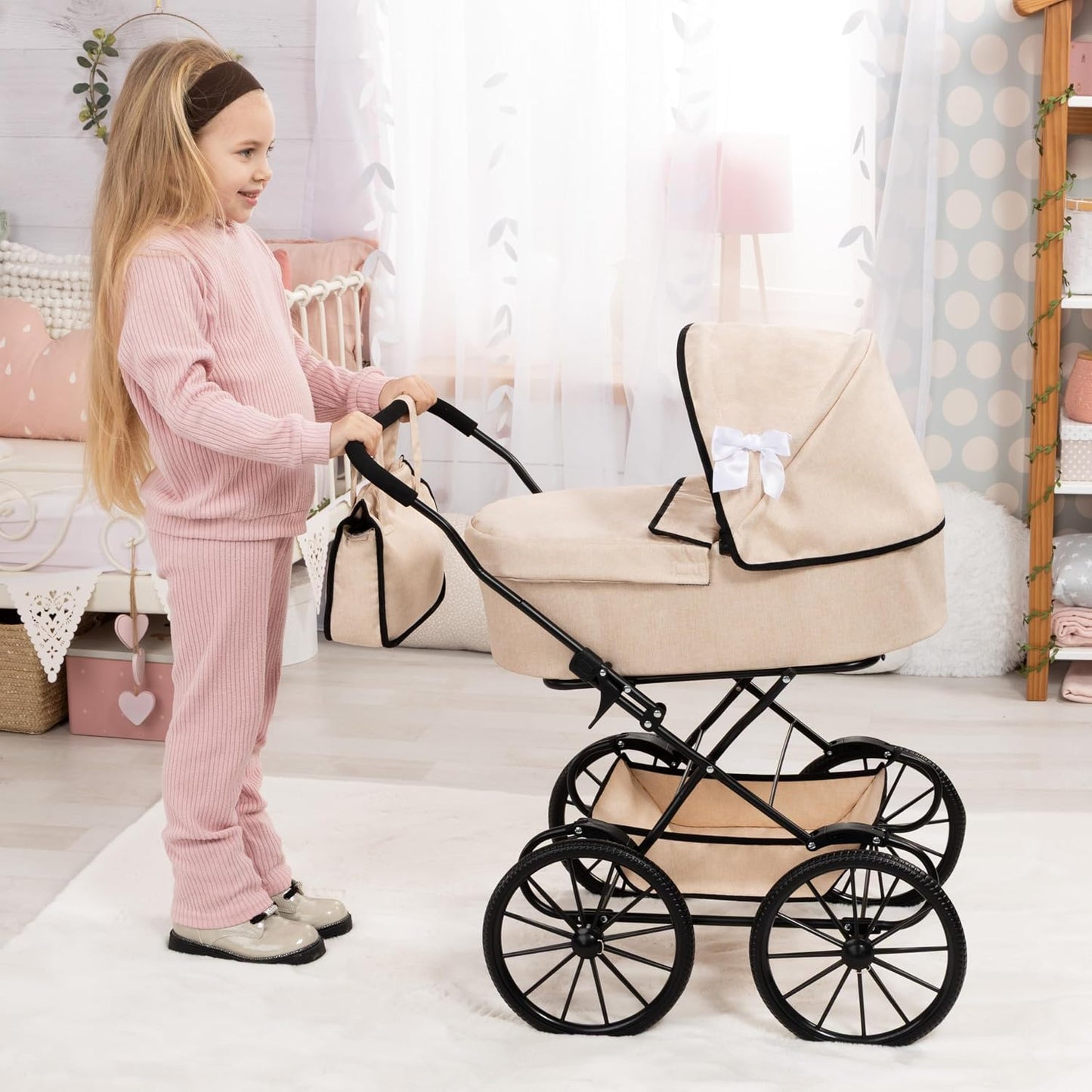 Bayer Design Vintage Doll Pram, Classic Baby Stroller with Bag, Beige | Elegant 18 Inch Carriage with Large Smooth-Rolling Wheels, Foldable Frame, Under-Basket, and Protective Fabric Cover