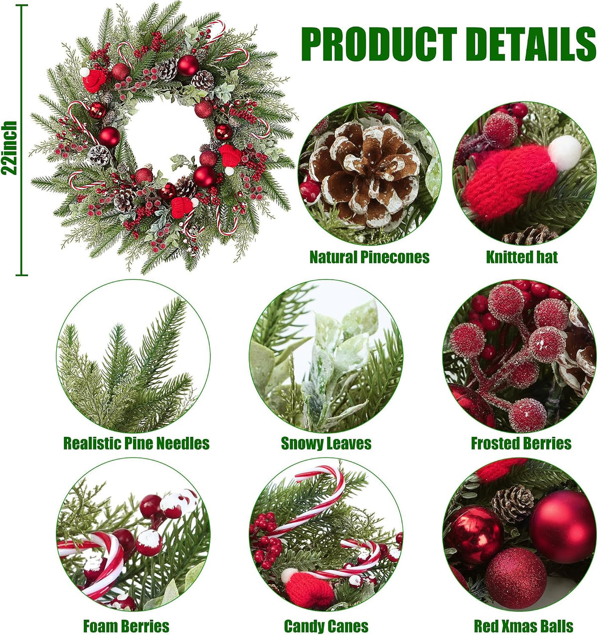 22’’ Artificial Christmas Wreath for Front Door with Red Balls Candy Canes Pine Needles Red Berries Pine Cones Christmas Decorations for Winter Wall Outdoor Home Holiday Xmas Decor