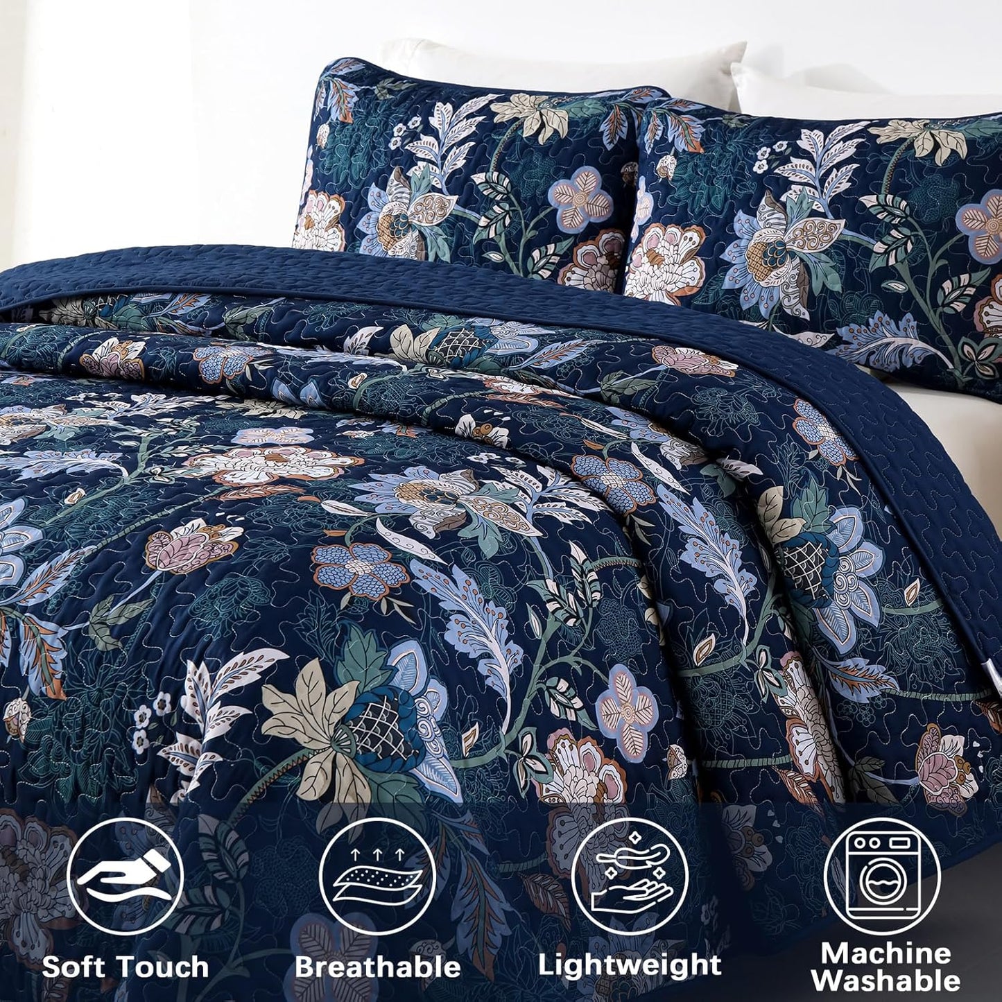 WONGS BEDDING Quilt Set Queen Size, Navy Blue Botanical Queen Bedspread Bedding Sets, 3 Pieces Floral Quilt with 2 Pillowcases,Soft Lightweight Microfiber Coverlet Set for All Season(96"X90")