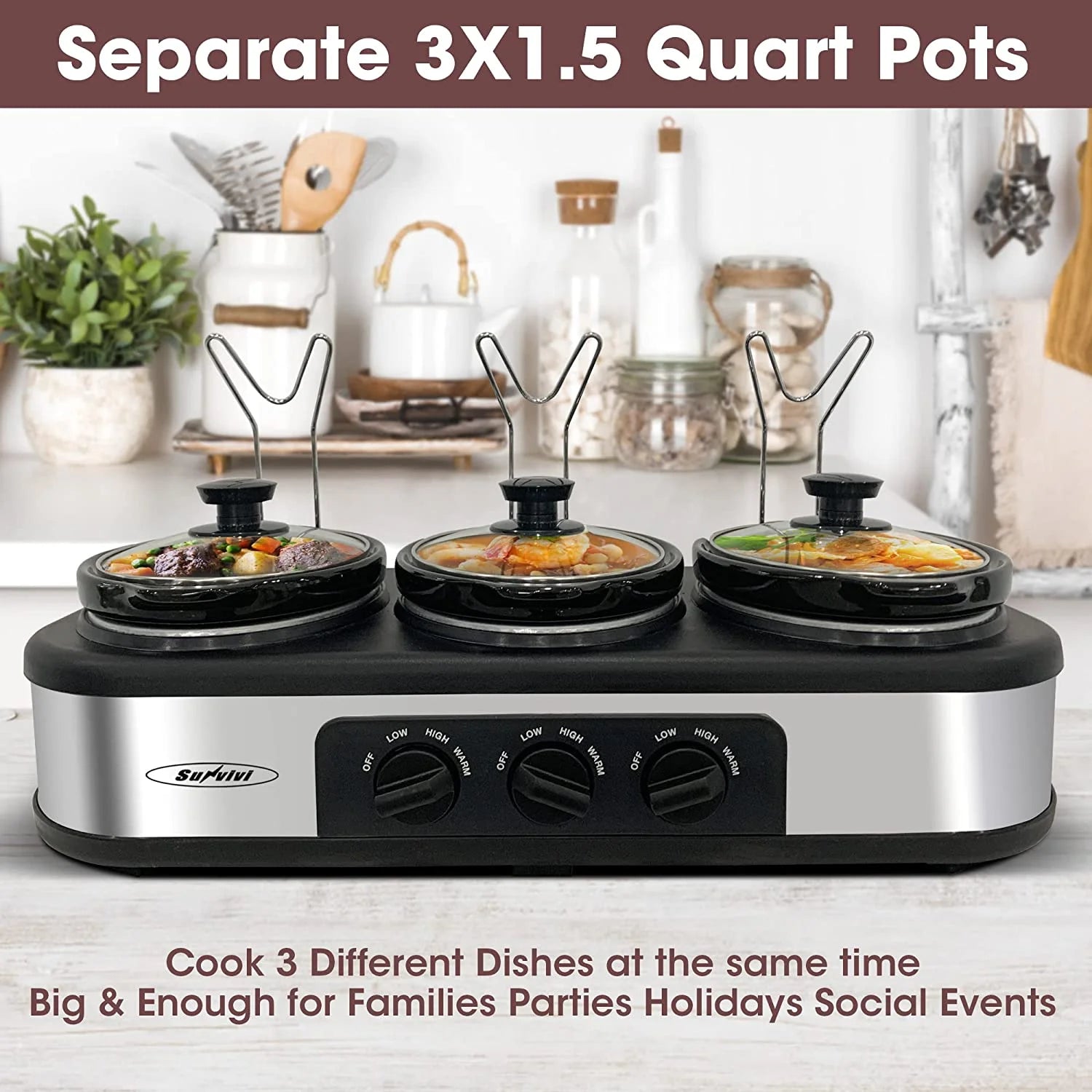 Superjoe Triple Slow Cooker, 3X1.5 Quart Electric Slow Cooker Buffet Server, Food Warmer Cooking Pot, Adjustable Temp Removable Ceramic Pots Lid Rests