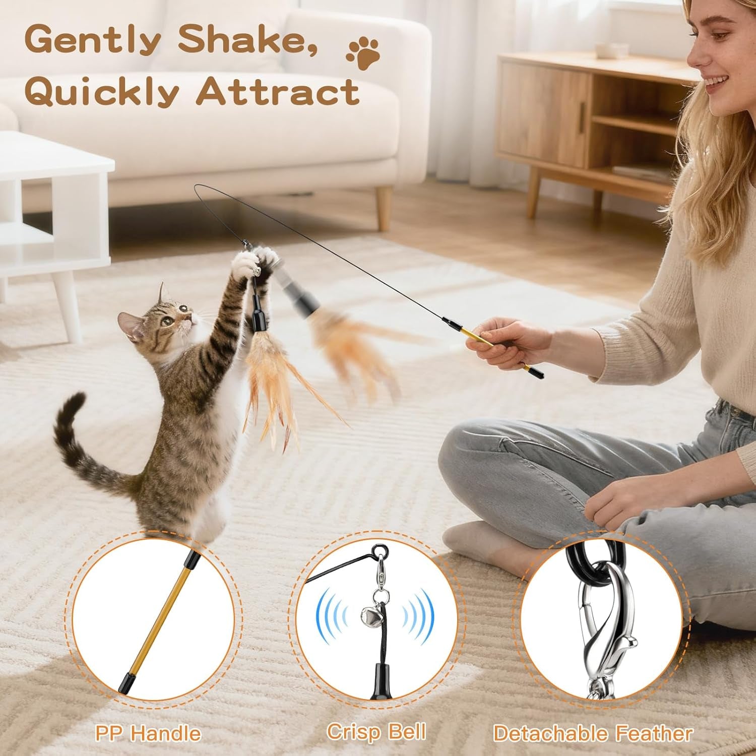 Pawaboo Feather Teaser Cat Toy - Interactive Wand with Extra Long 34.5" Wand and Small Bell, Fun Exerciser Playing Toy for Kittens or Cats, Brown Feather