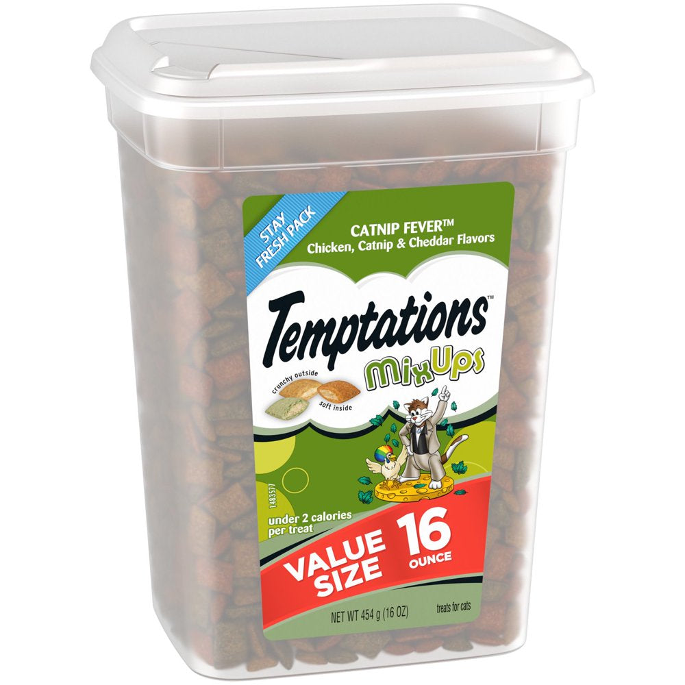 Temptations Mixups Chicken Catnip & Cheddar Flavor Crunchy and Soft Cat Treats, 16 Oz Tub