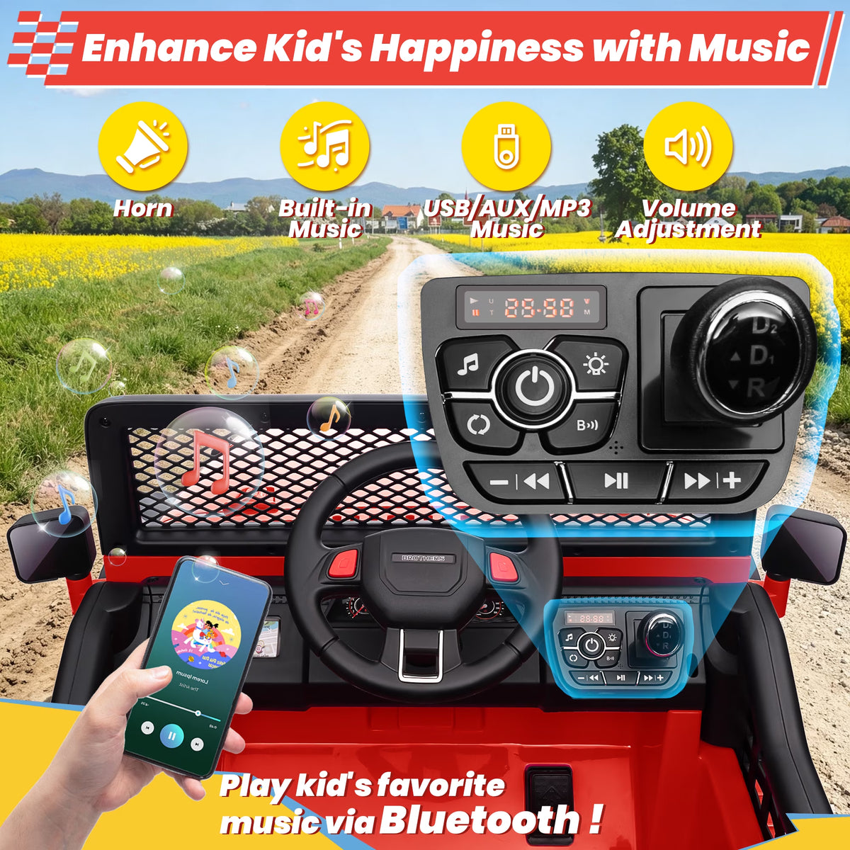 Joyracer 24V 2 Seater Kids Ride on Truck with Remote Control, 4×200W Motor, Electric Battery Powered Toys Car W/ 4 Wheels Spring Suspension, 3 Speeds, LED Lights, Bluetooth Music, Red