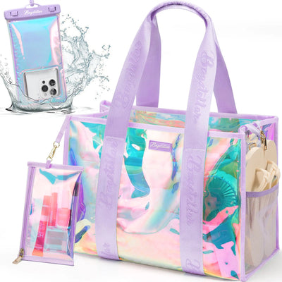 Bagstellar Beach Bag for Women Clear Iridescent Zipper Pool Swim Beach PVC Tote Bag W/Makeup Bag & Waterproof Phone Pouch Summer Essentials for Sports Events Concert Beach Work Swimming Pool Easter Basket Organiser