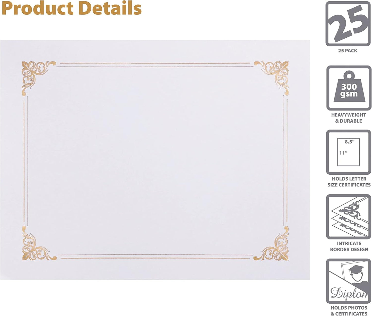 Better Office Products 25 Pack White Certificate Holders, Diploma Holders, Document Covers with Gold Foil Border, for Letter Size Paper, 25 Count, White