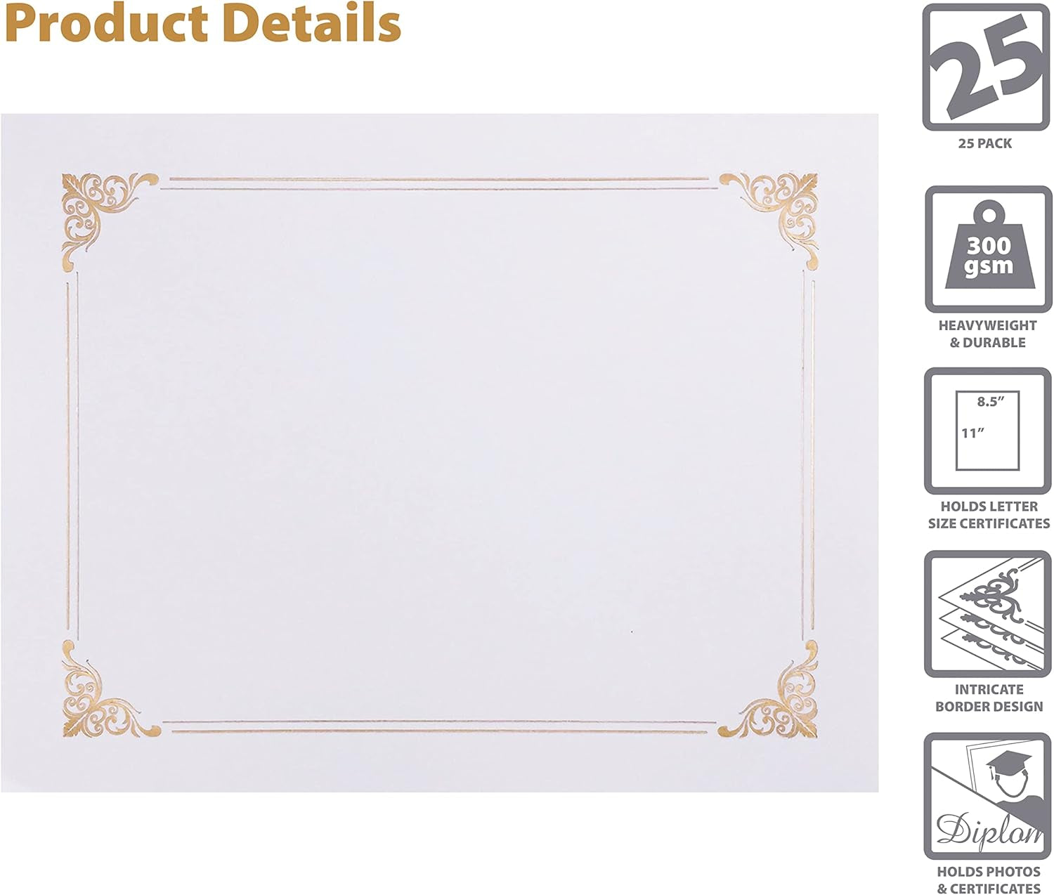 Better Office Products 25 Pack White Certificate Holders, Diploma Holders, Document Covers with Gold Foil Border, for Letter Size Paper, 25 Count, White
