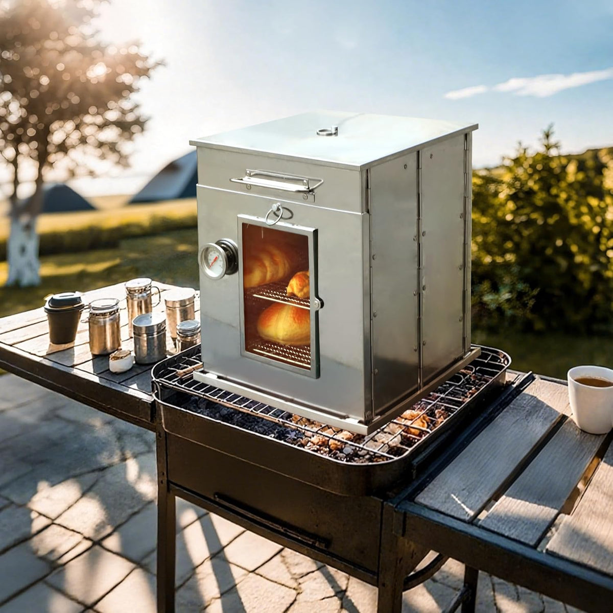 REDCAMP 14"H Foldable Camping Oven with 2 Tier Grill, Stainless Steel Portable Camping Stove for Baking Cinnamon Rolls, Breads and Muffins with Wood Burning Fire,Propane Stoves,Campers,Baking BBQ