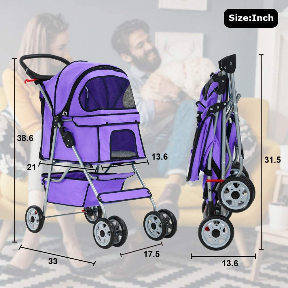 Bestpet Pet Stroller Cat Dog Cage Stroller Travel Folding Carrier，Purple
