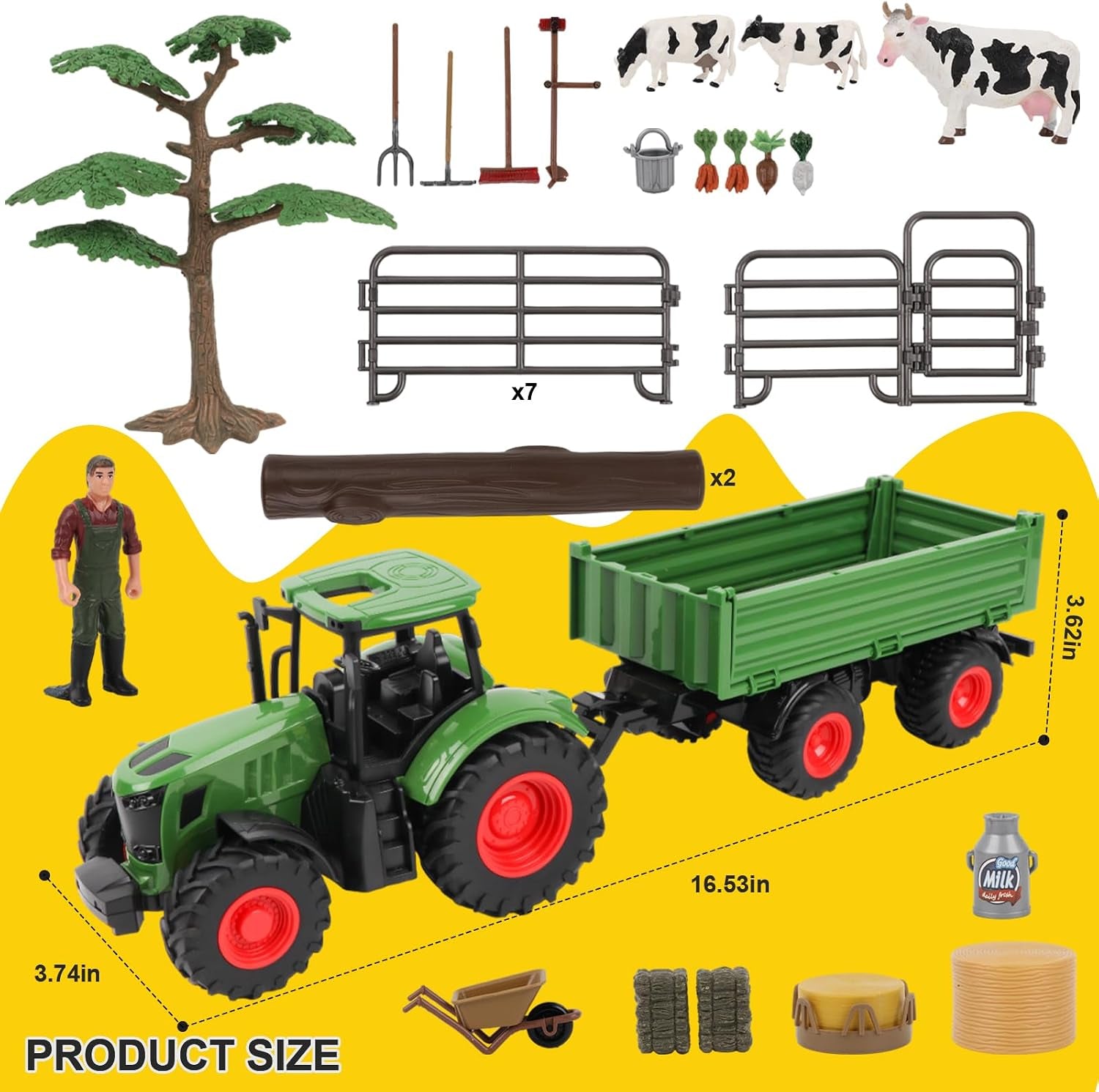 Peagprav Farm Animal Tractor Toys Playset-16.5 Inches Tractor with Trailer Fence,Farmer,Tree,Cow,Farm Toy Set for Boys Girls Kids Toddlers Age 3-7 Years Old