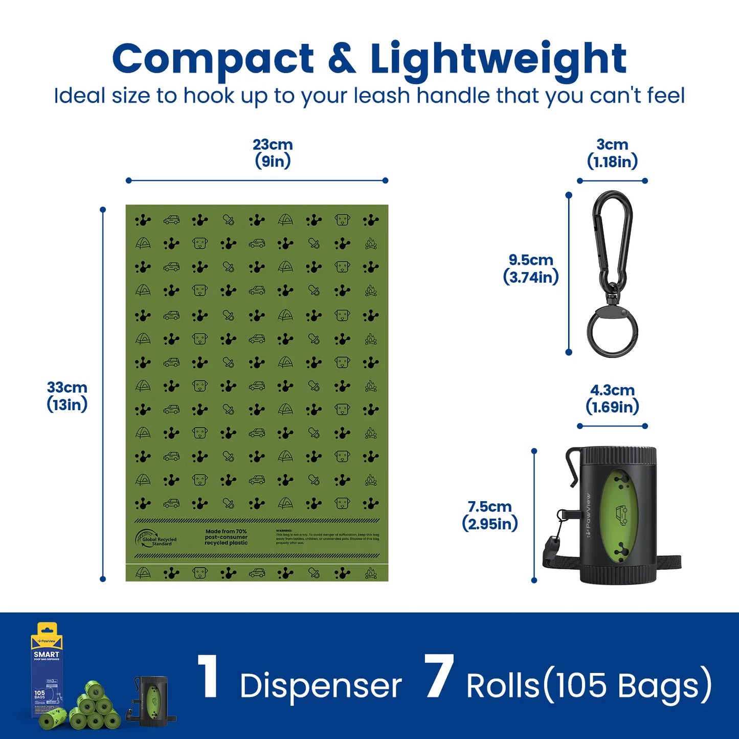 Pawview | Dog Poop Bag Dispenser with 7 Refills, Extra-Thick, Durable and Guaranteed Leakproof, Lavender Scented, Hands-Free Walking Set for Big and Small Dogs