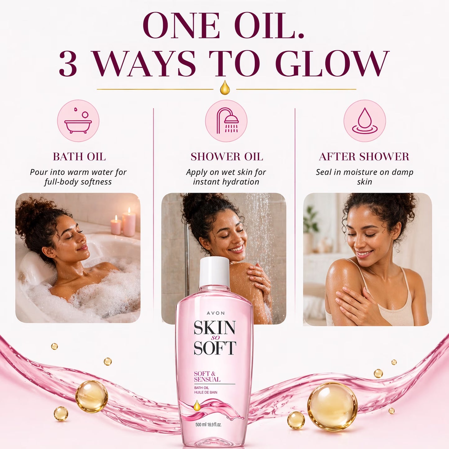 Avon Skin so Soft Soft and Sensual Moisturizing Bath Oil for Women with Argan Oil, 16.9 Fl Oz