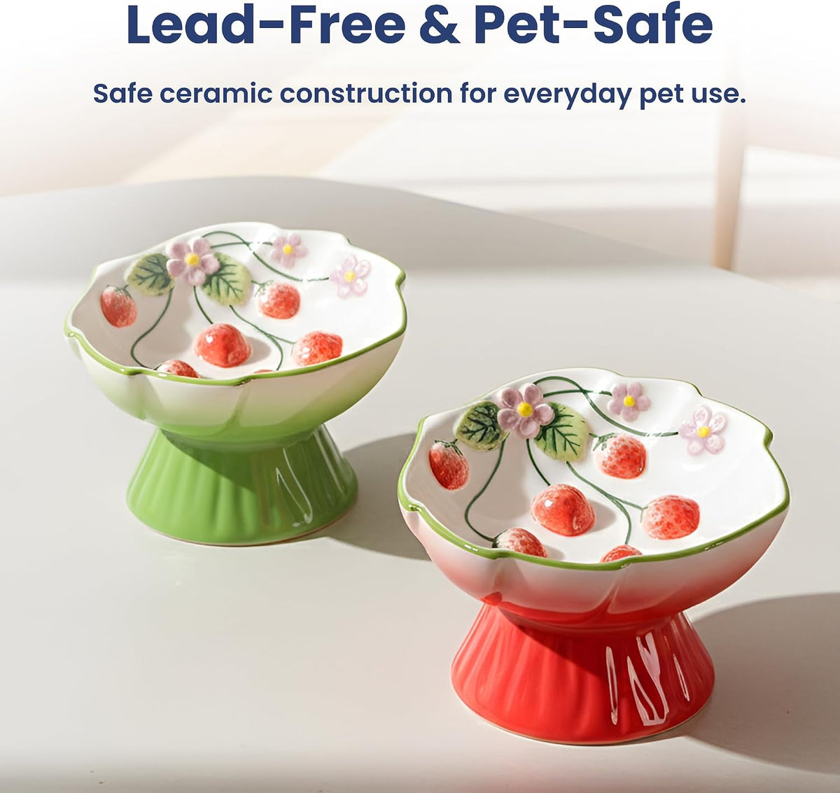 Pawspik Strawberry Blooms Elevated Ceramic Cat Bowl, Green