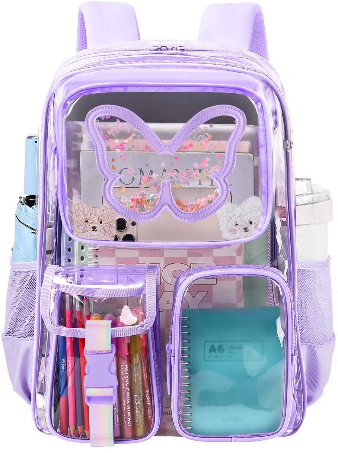 SANMADROLA Clear Backpack Heavy Duty Transparent Bookbag Teen Girlish Cute Bag Large Capacity See through Backpacks Stadium Approved Daypack for Middle School College Sport/Travel, Purple Butterfly