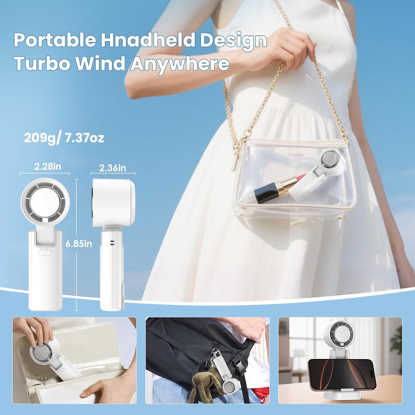 Portable Mini Handheld Fan with Ice Cooler, 180° Adjustable Head, Hook & Phone Stand, 13000RPM Turbo 5-Speed, 4000Mah Battery, Personal Fan for Travel/Office/Outdoor (Milky White)