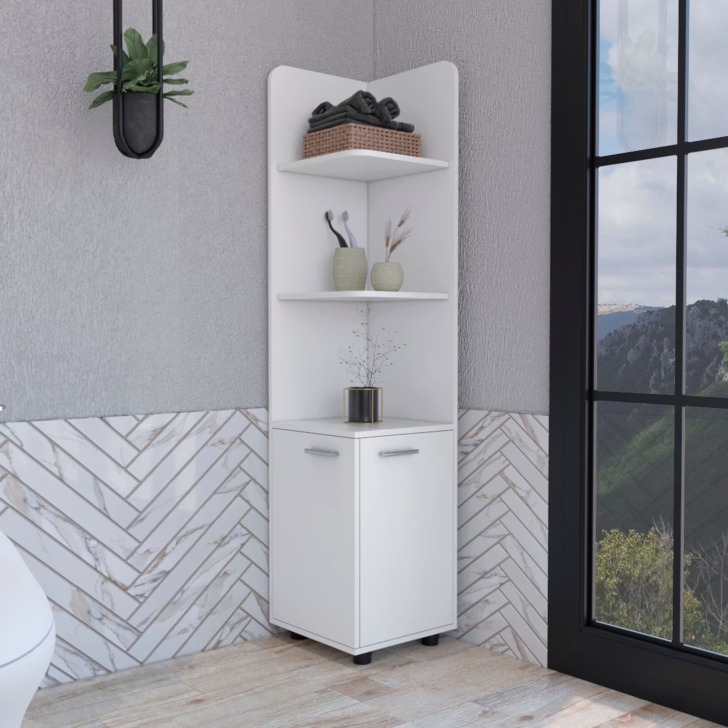Tall White 62H" Corner Cabinet with 3 Shelf and 2-Door for Bathroom Storage Needs 60.65 In. Magnificent