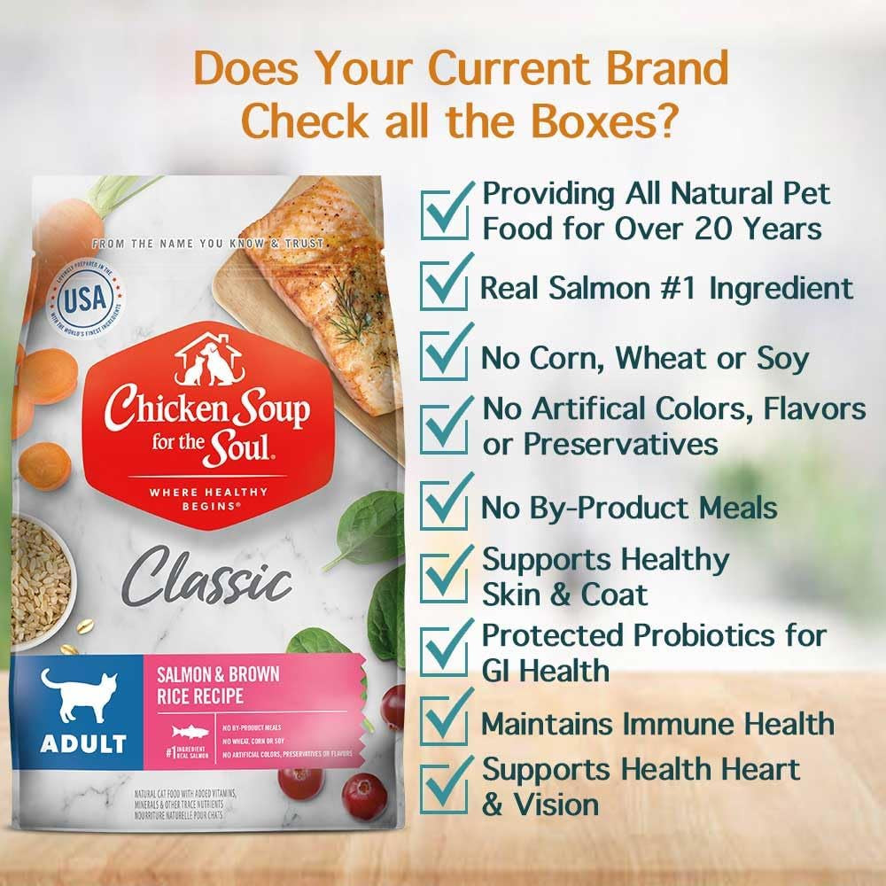 Chicken Soup for the Soul All Natural Premium Adult Dry Cat Food, Real Meat First Ingredient, No By-Products, Supports Heart, Gut & Immune Health, Salmon & Brown Rice, 12Lb