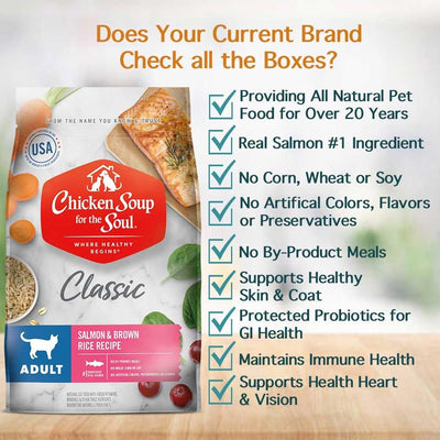 Chicken Soup for the Soul All Natural Premium Adult Dry Cat Food, Real Meat First Ingredient, No By-Products, Supports Heart, Gut & Immune Health, Salmon & Brown Rice, 12Lb