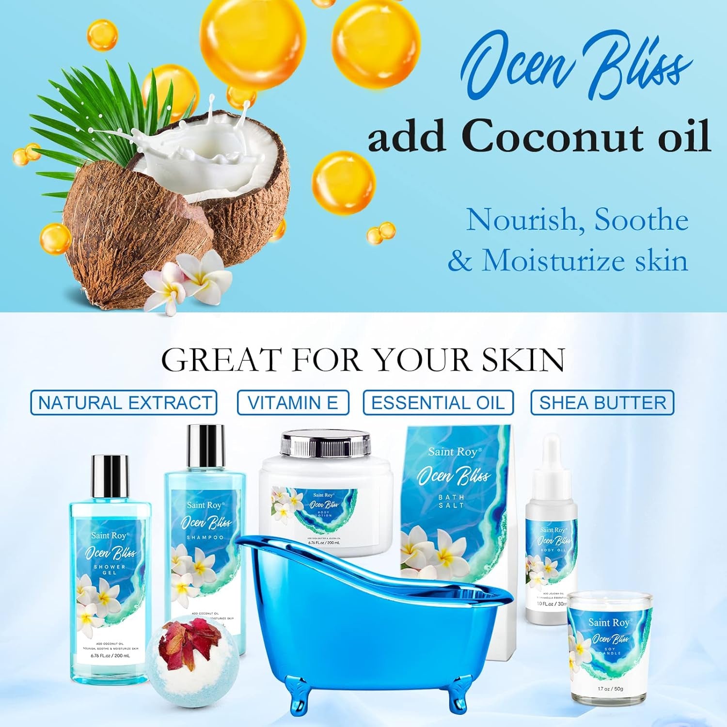 Mothers Day Gifts for Women Bath & Body Gift Set, Bath Basket Spa Kit Gifts for Her Him Birthday Gift for Woman, Self-Care Home Spa Kit, 8Pcs Christmas Gift for Women Ocean Vanilla, Spa Gift Baskets