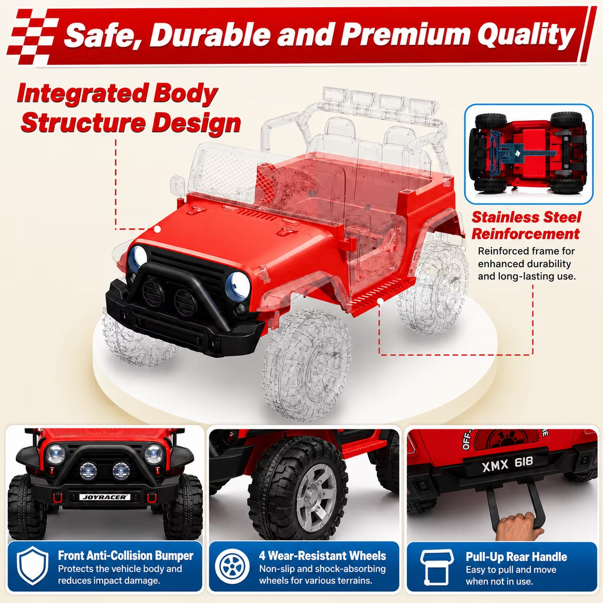 Joyracer 24V 2 Seater Kids Ride on Truck with Remote Control, 4×200W Motor, Electric Battery Powered Toys Car W/ 4 Wheels Spring Suspension, 3 Speeds, LED Lights, Bluetooth Music, Red