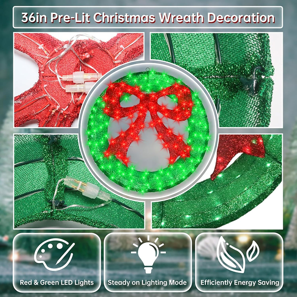36 Inch Pre-Lit Outdoor Christmas Wreath with Bow, Red Bow - Green Wreath