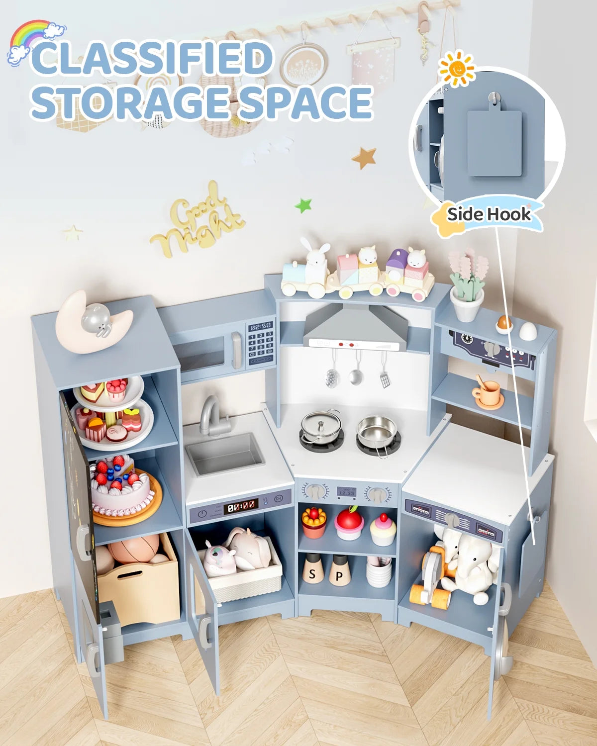 Arlopu Kids Corner Play Kitchen, Ultimate Interactive Wooden Kitchen Playset with Lights & Sounds, Cooking Toy Set with Stove, Range Hood, Sink, Faucet, Ice Maker & Washing Machine