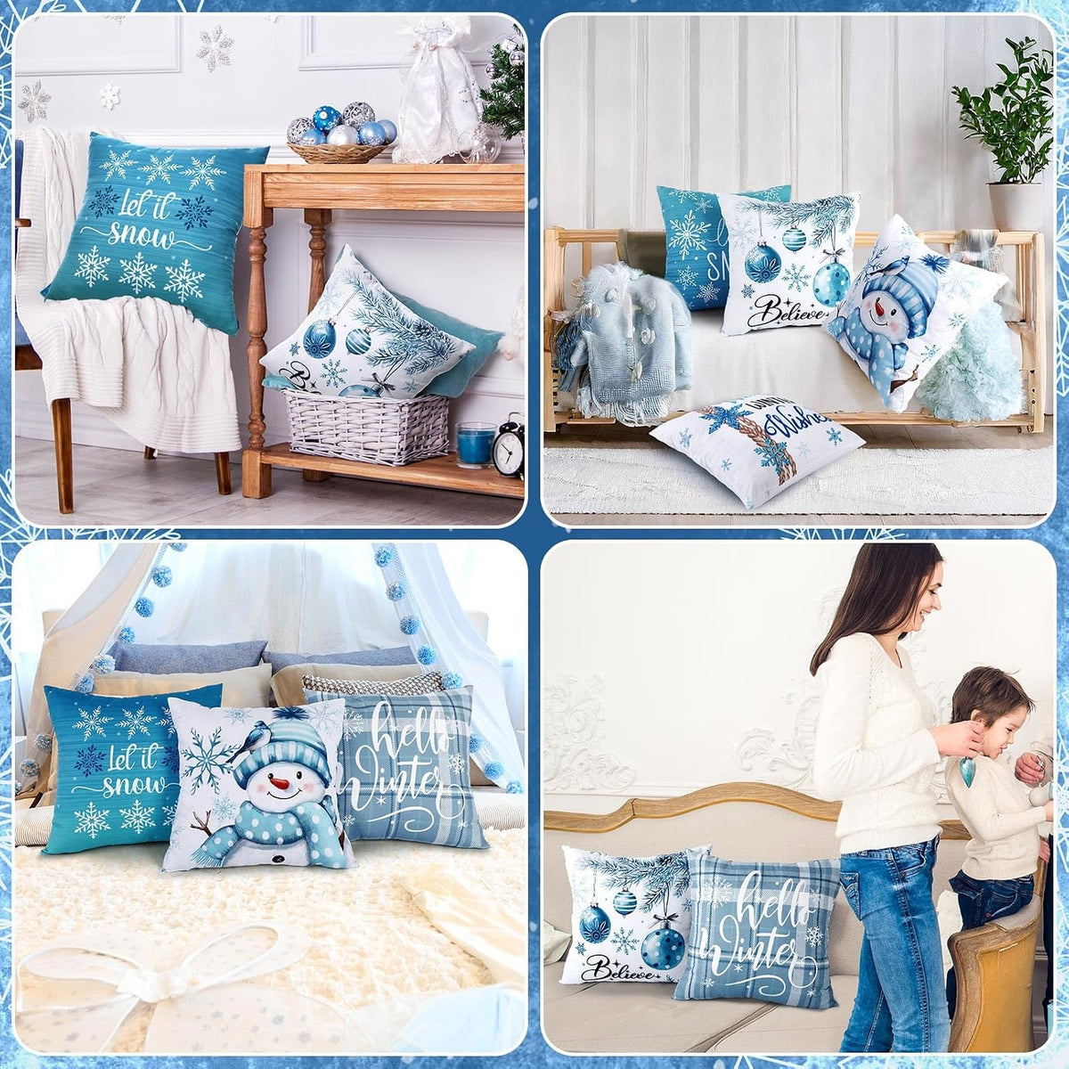 Hunnmingre Set of 6 Blue Christma Snowman Pillow Covers 18 X 18 Inch