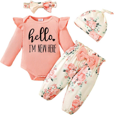 Yvowming Newborn Infant Baby Girl Clothes Outfits Rib Romper Floral Pants with Headband Winter Clothing Set