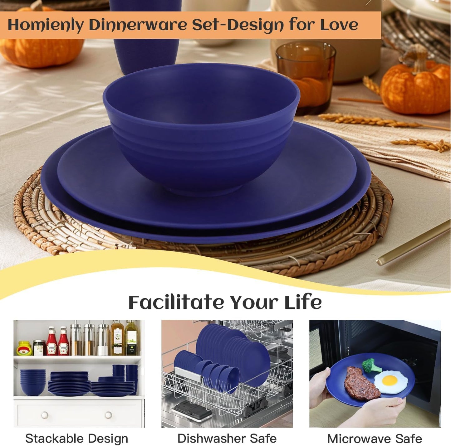 Homienly 40 Pcs Wheat Straw Dinnerware Sets, Dinner Plates, Cups, Pasta Bowls, Dishes Set for 8, Microwave Safe Plates and Bowls Sets, Blue