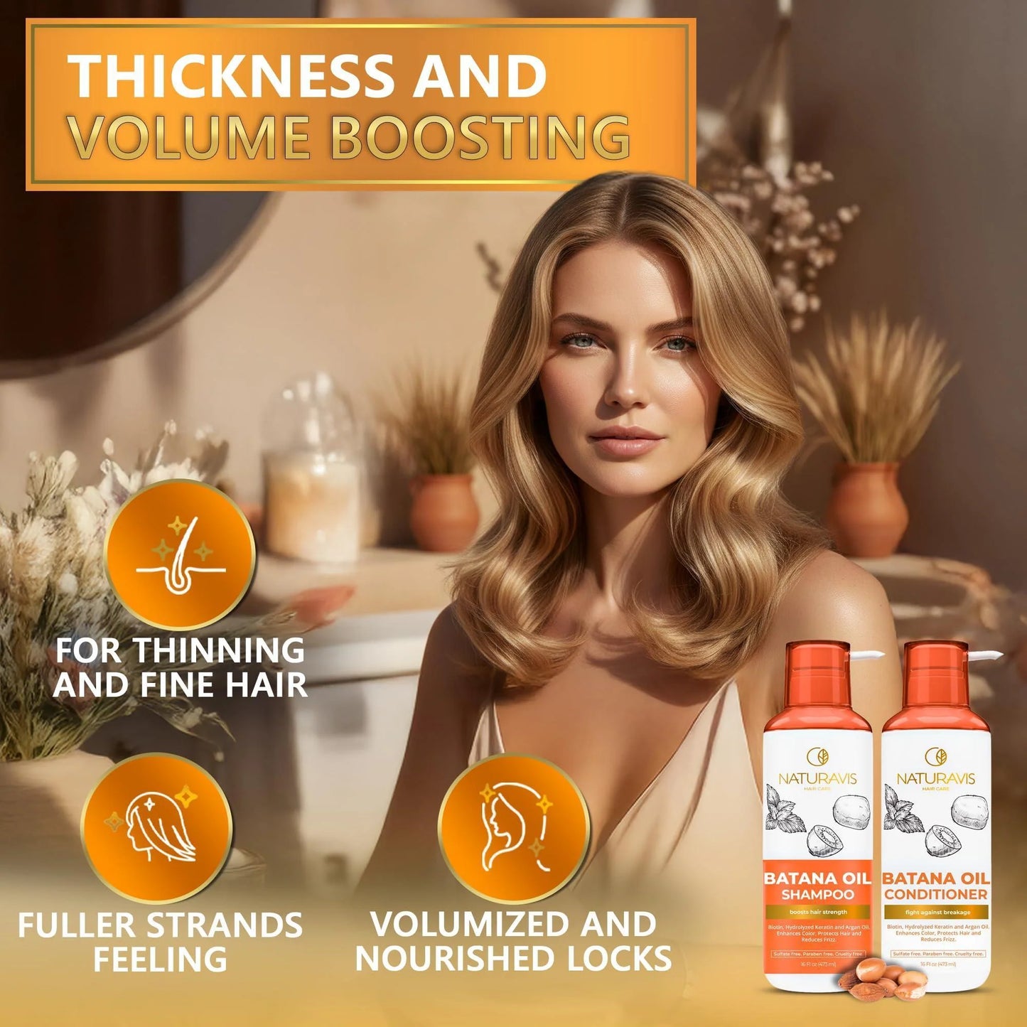 Batana Oil Shampoo and Conditioner Set 16 Fl Oz Set of 2 Sulfate Free Volumizing Formula for Fine Hair Thickening Salon Quality Paraben Free Blend for Thin Hair for Women and Men